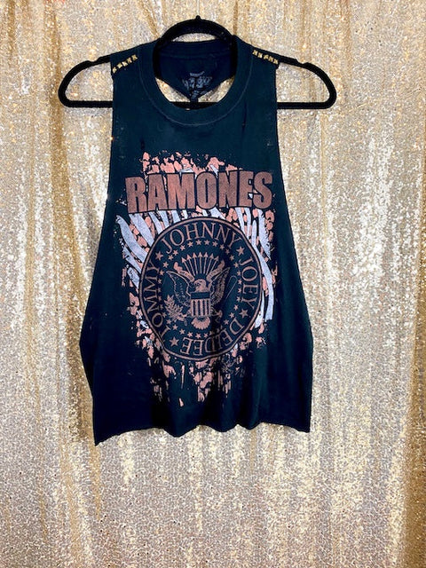 front of black ramones tank top on gold background