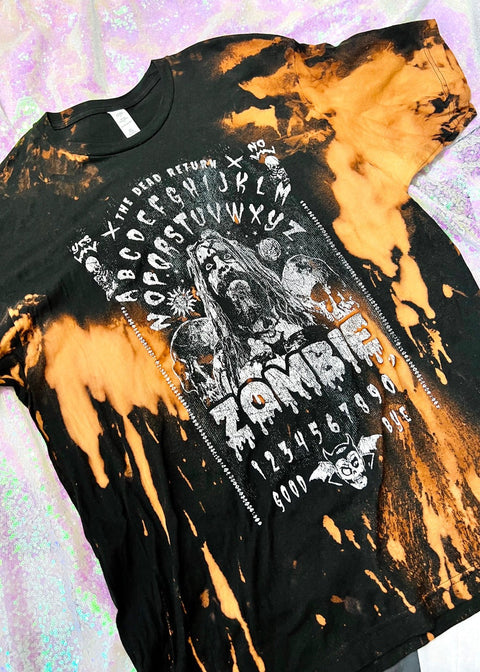 rob zombie bleach dye t shirt on a sequin background close up