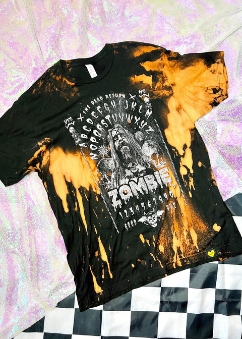 rob zombie bleach dye t shirt on a sequin background
