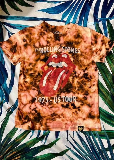 bleach dyed rolling stones t shirt on palm background