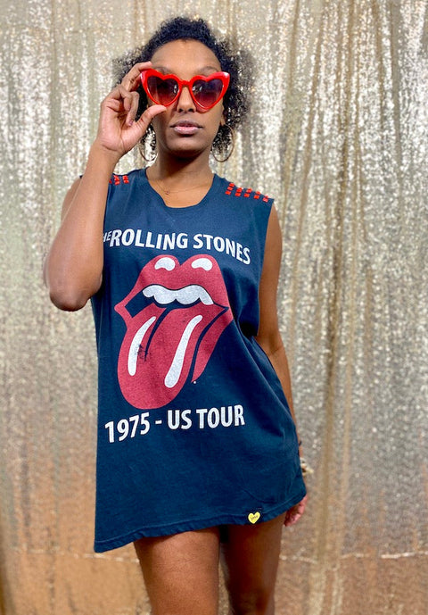 oversized rolling stones muscle tank on model with red heart-shaped sunglasses