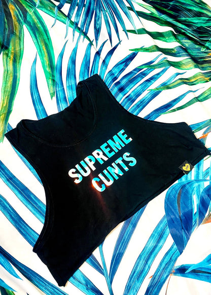 black graphic crop tank top on palm background