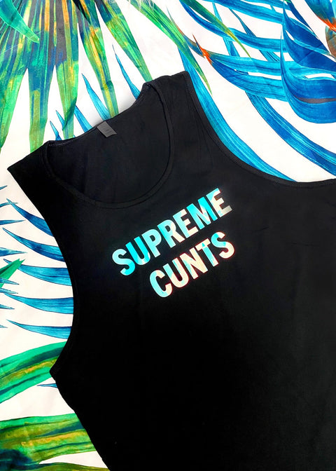 black graphic tank top on a palm background close up