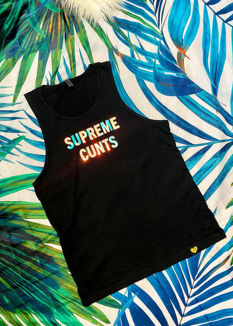 black graphic tank top on a palm background full view