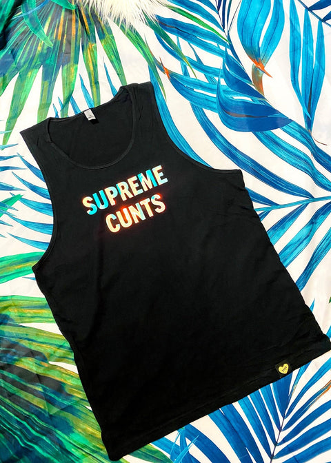 black graphic tank top on a palm background angle view