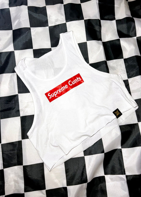 white crop tank top on a black and white checkerboard background