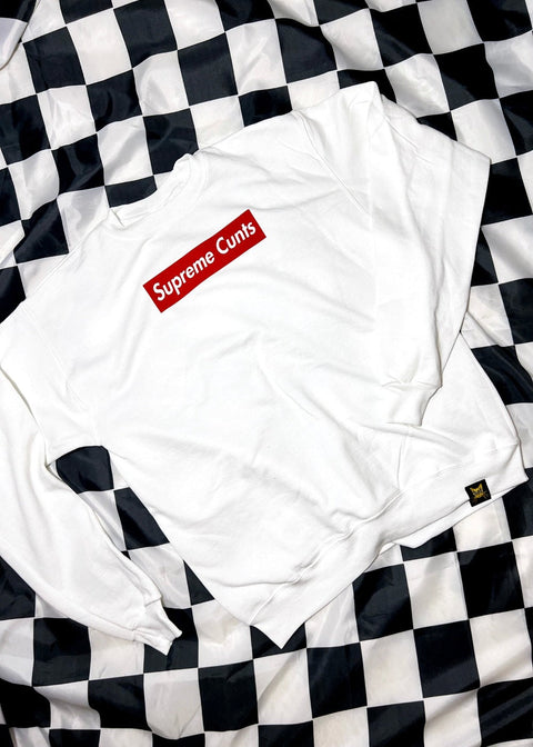 white sweatshirt on black and white checkerboard background