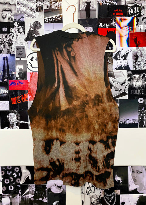 back of bleach dyed tupac oversized muscle tank top on pop culture collage background