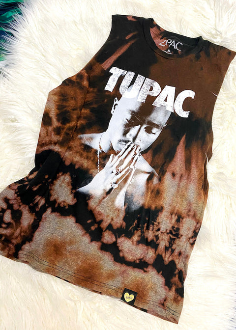 bleach dyed tupac oversized muscle tank top on white furry rug